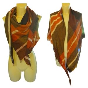 ❗$1 Bundled❗Orange Brown White Plaid Triangle Blanket Scarf Shawl with Fringe